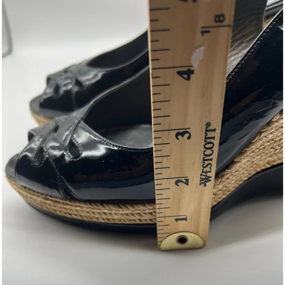 Stuart Weitzman Dolunch Patent Espadrille Wedge Sandal, Black Size 9